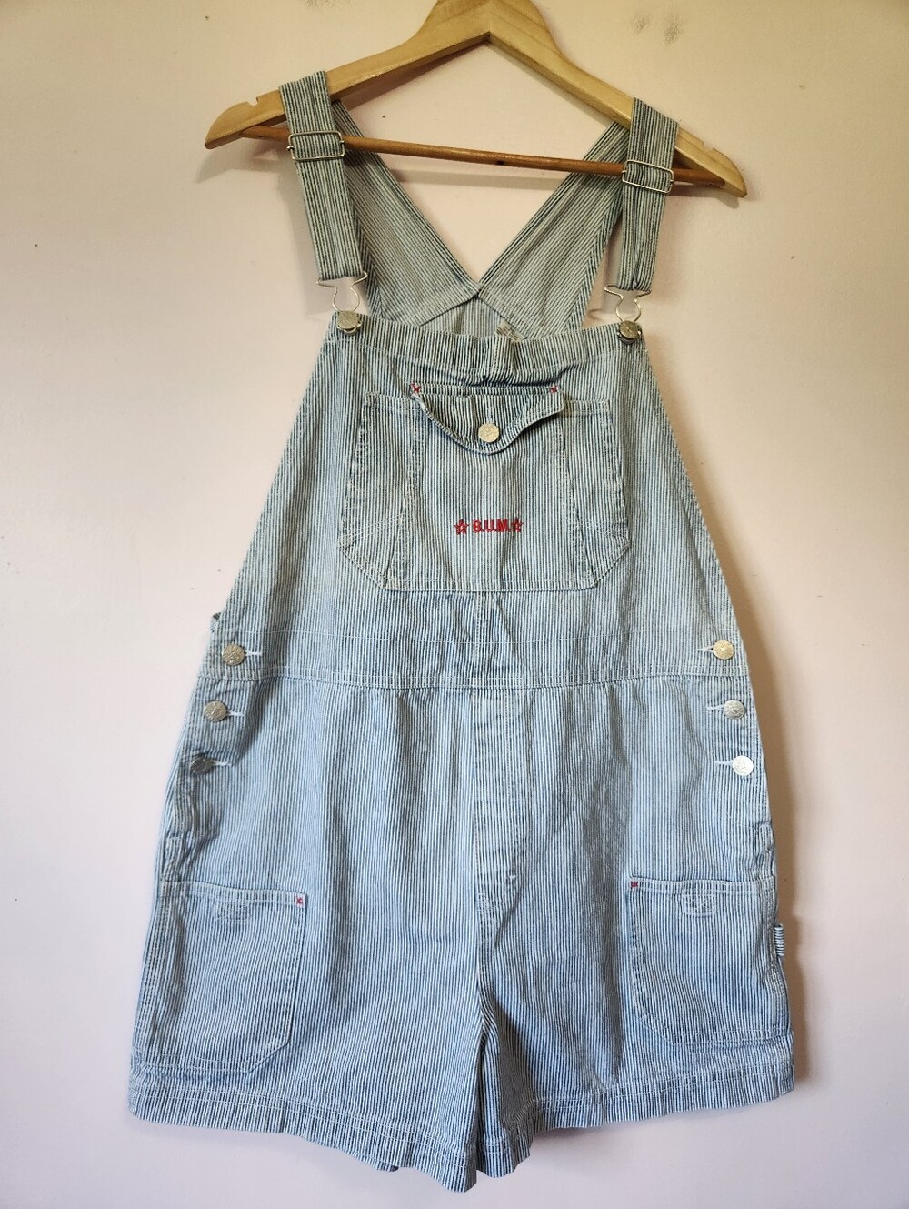 Vintage 90s B.U.M Equipment Hickory Stripe Denim Carpenter Overall Shorts XL